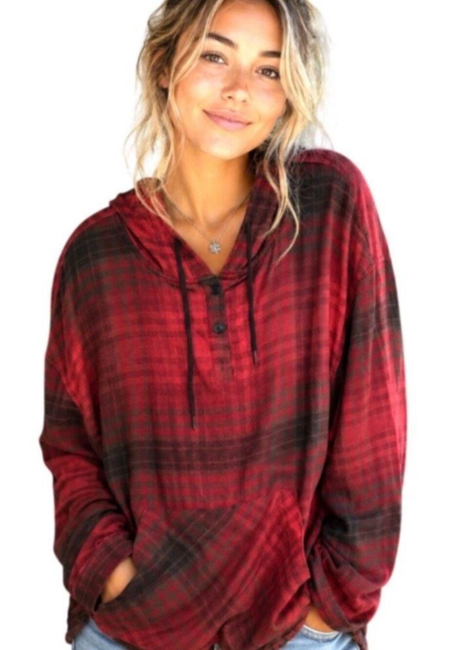 Urban Outfitters Alex Popover red check flannel hoodie - M